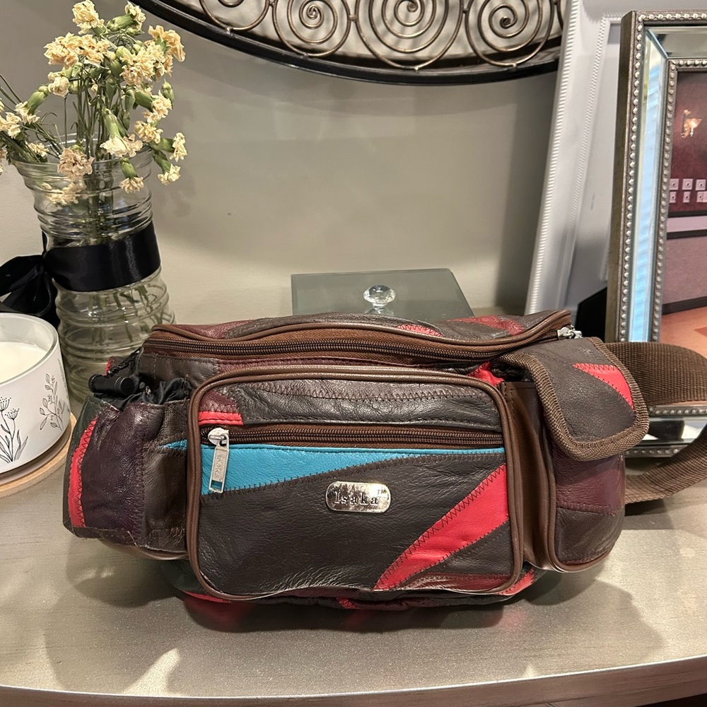 Leather  patches work multi color shoulder/waist bag teal brown, and red.